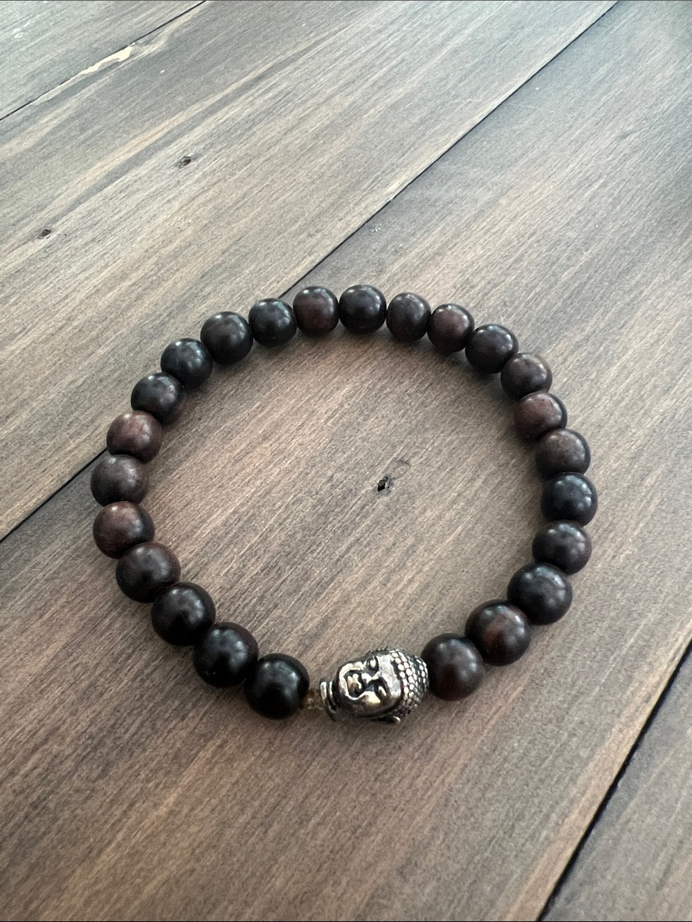 Beaded Bracelet with Silver Buddha Accent - Dark Brown